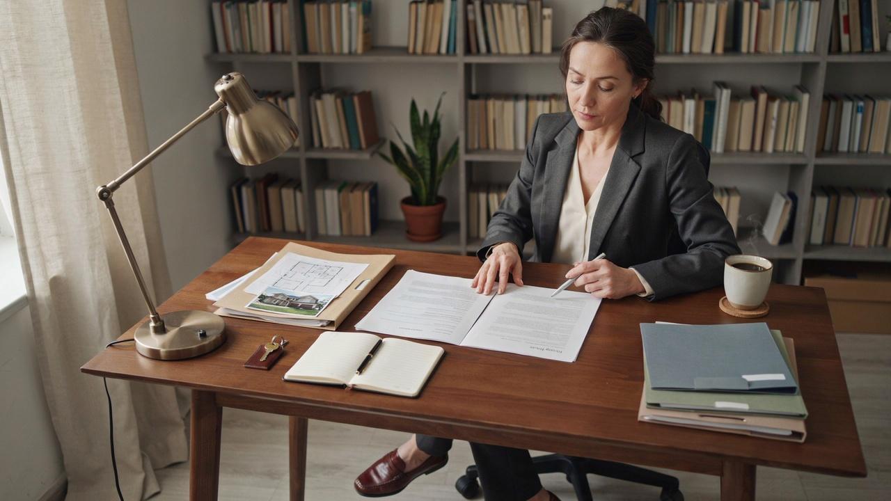 Person reviewing living trust papers with estate documents, property files, and financial records on a clean desk.