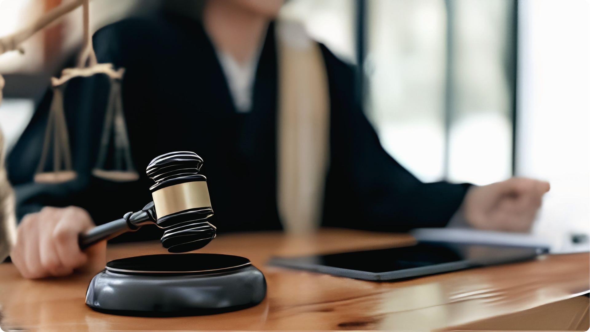 Gavel striking block with justice scales behind, symbolizing spousal property petition court ruling.