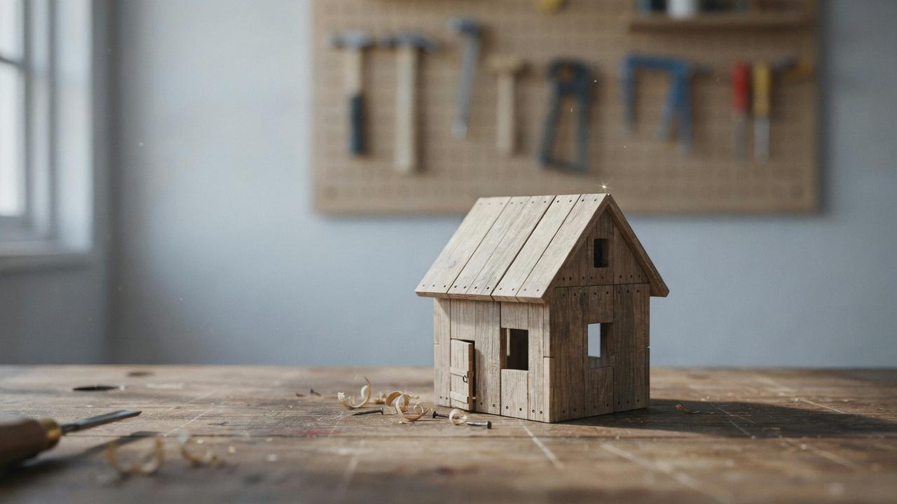 A small wooden model house sits on a workbench in front of hanging tools.