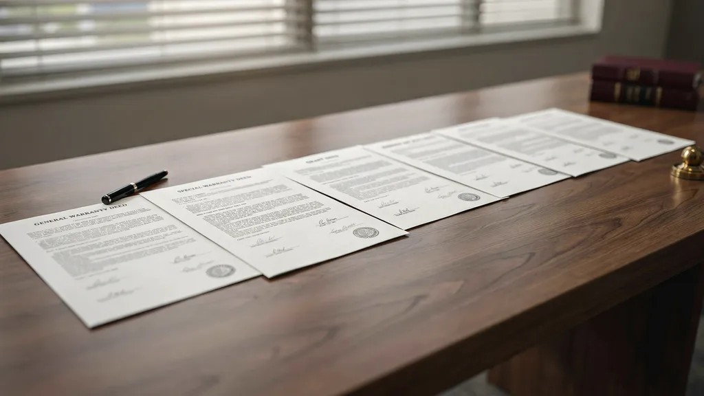 Different property deed documents arranged for comparison on a desk.
