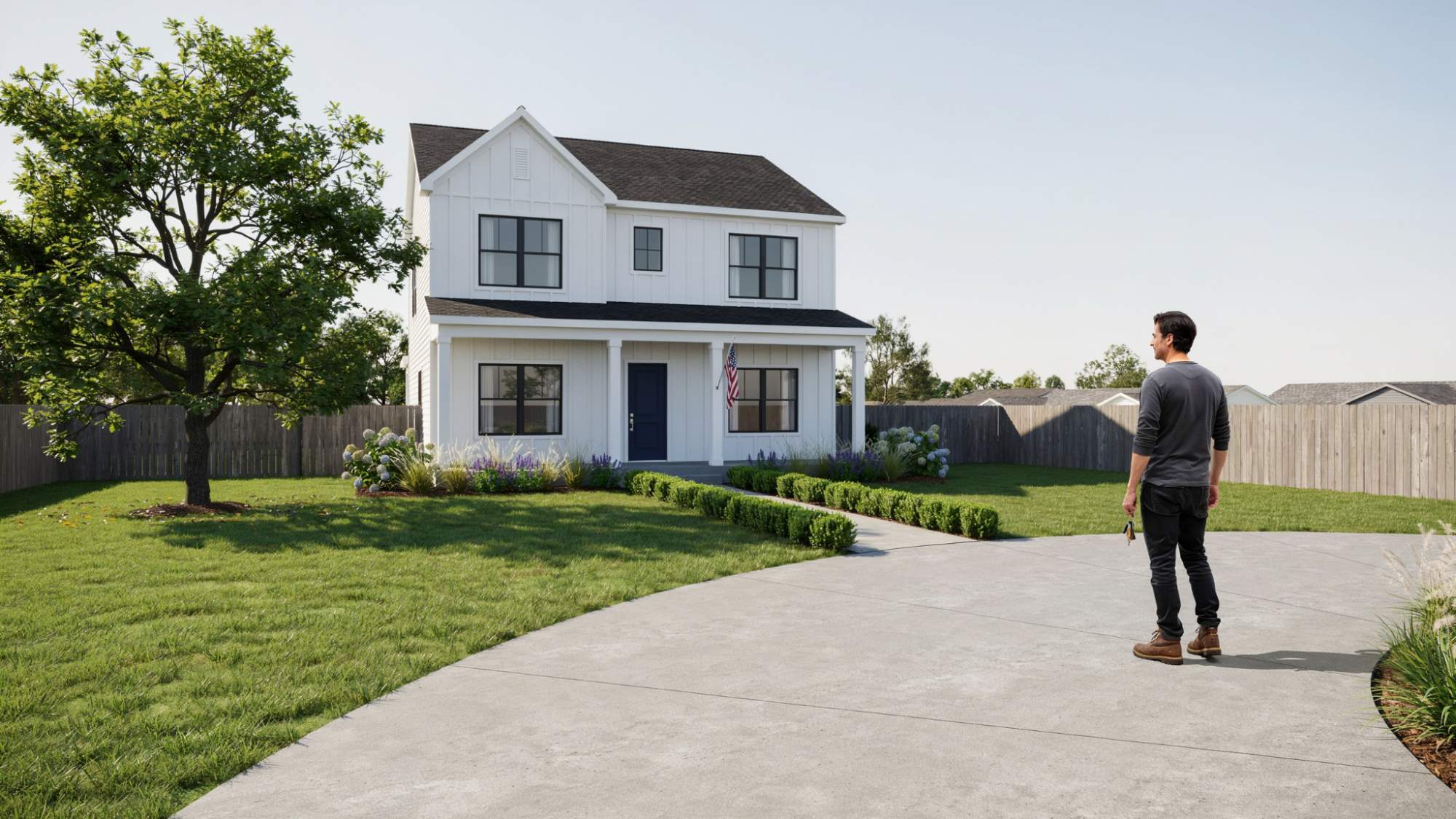 Homeowner standing on residential land showing everyday surface ownership and property use.