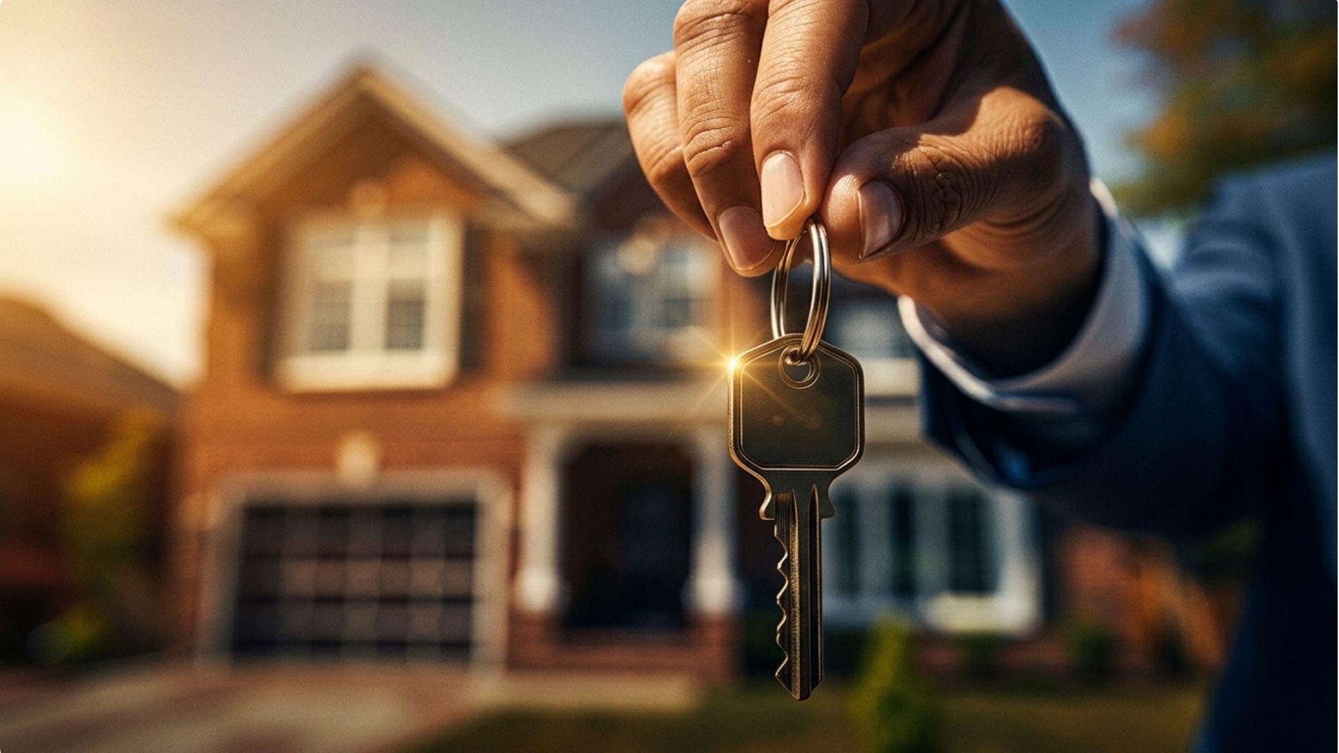 Hand holding house key in front of two-story brick home at sunset