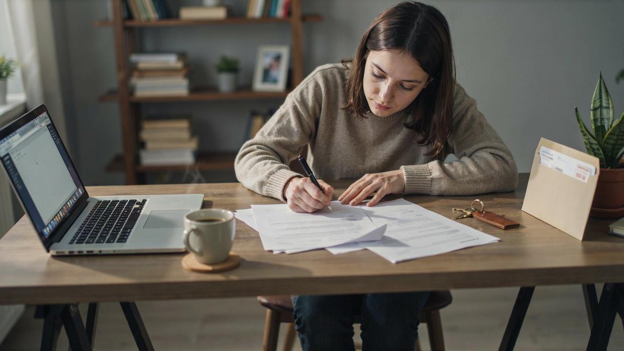 Tenant preparing a sublease request with lease documents, keys, and certified mail materials.