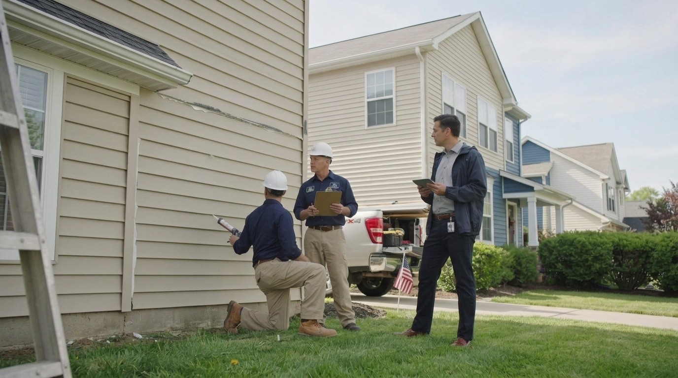 Contractors repairing a condemned home before a municipal inspection.
