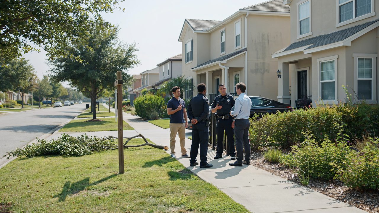 Vacant home secured with the owner waiting outside as police assess an unauthorized occupancy.
