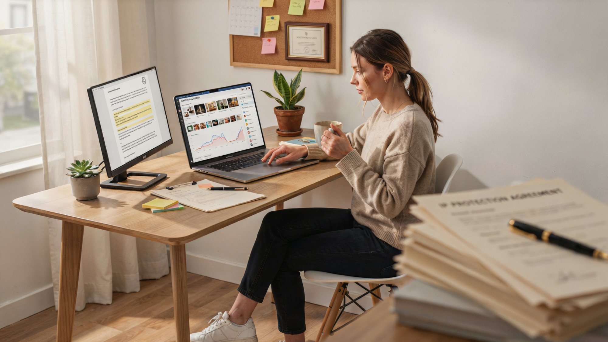 Digital entrepreneur managing online content and intellectual property protection.