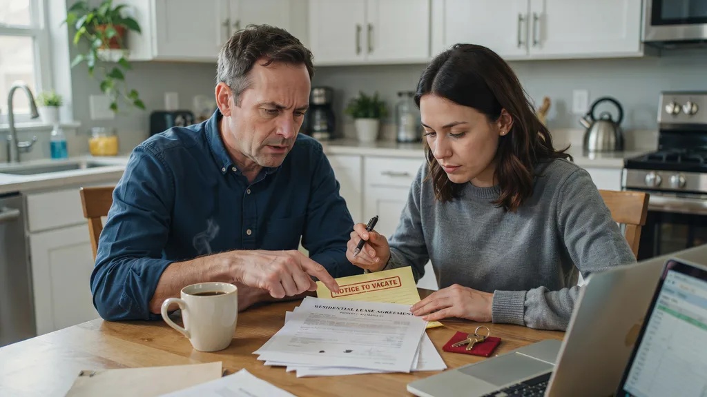 Landlord and tenant reviewing rental documents before an unlawful detainer case.