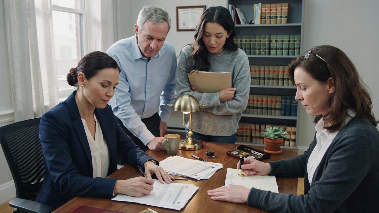 Signing Florida power of attorney before notary with two witnesses in professional office.
