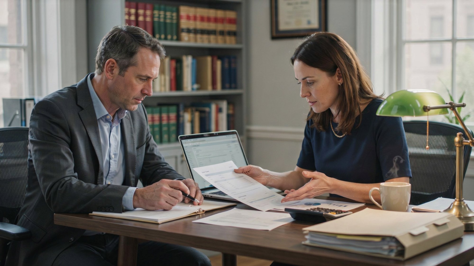Trustee reviewing trust account documents with legal professional