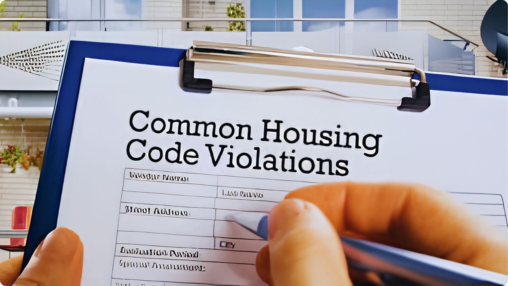 Close up of clipboard listing Common Housing Code Violations during home inspection before selling