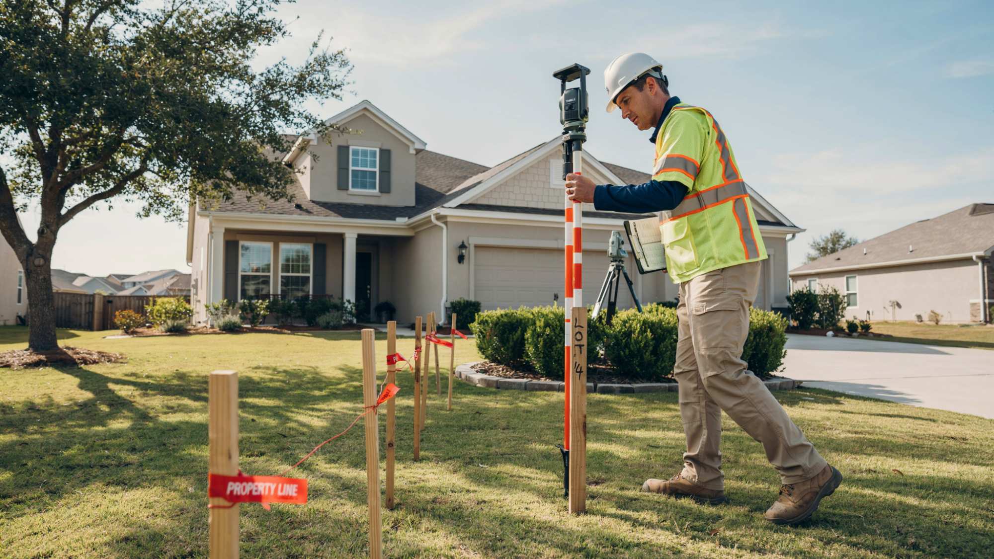 Licensed land surveyor measuring residential property boundaries with surveying equipment.