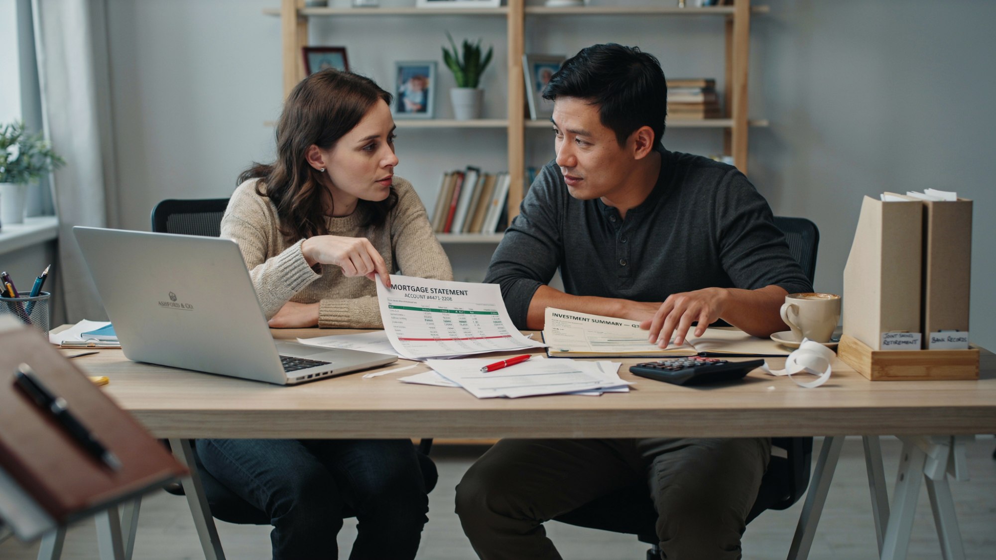 Couple organizing shared financial records and property documents.