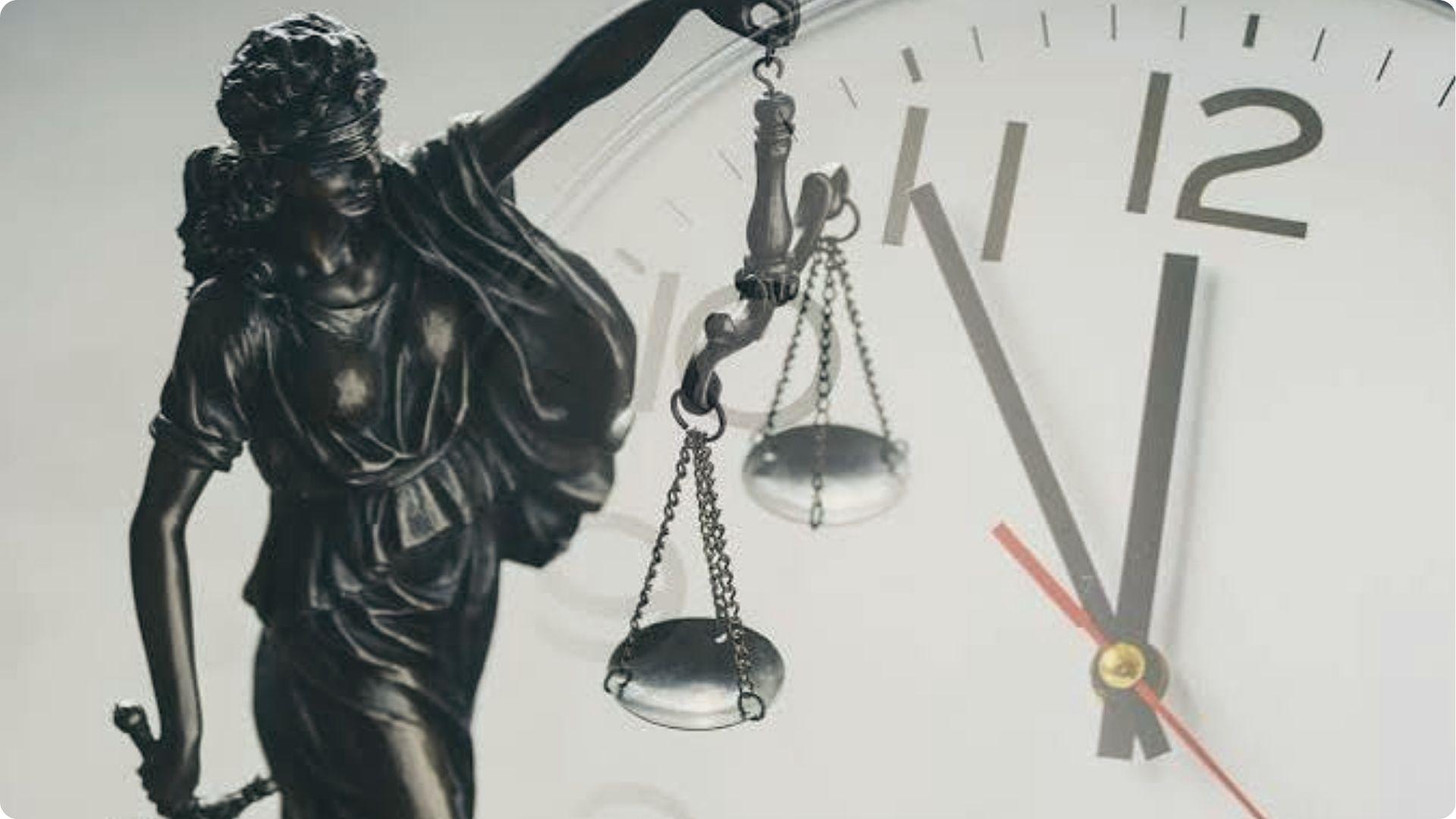 Lady Justice with scales before clock face, representing time limits for real estate legal disputes.