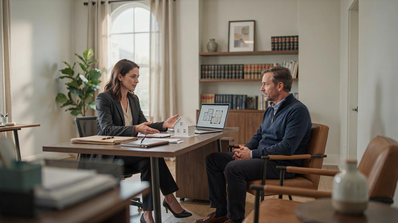 Real estate attorney explaining property ownership documents and adverse possession to a homeowner.