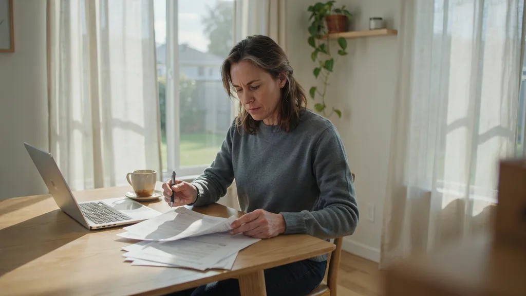 Homeowner reviewing mortgage and home sale documents at a table