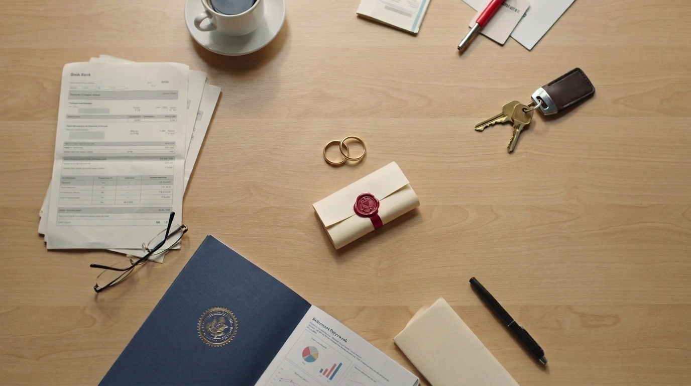 Financial documents, house keys, and wedding rings representing marital property acquired during marriage.