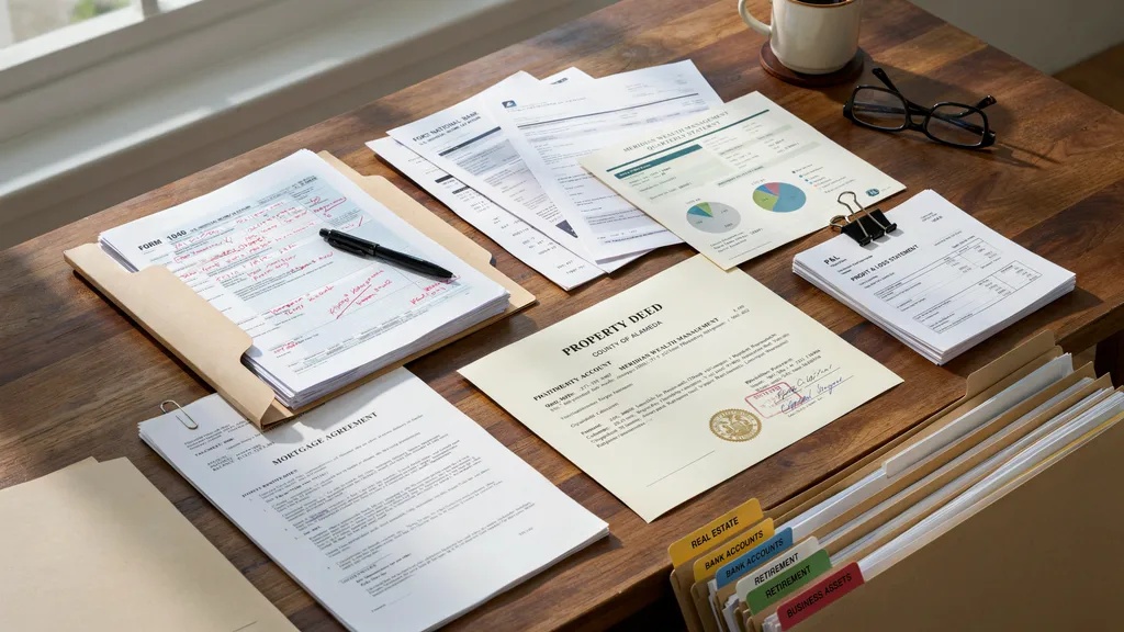Financial statements, property deeds, retirement account documents, and business records for divorce preparation.