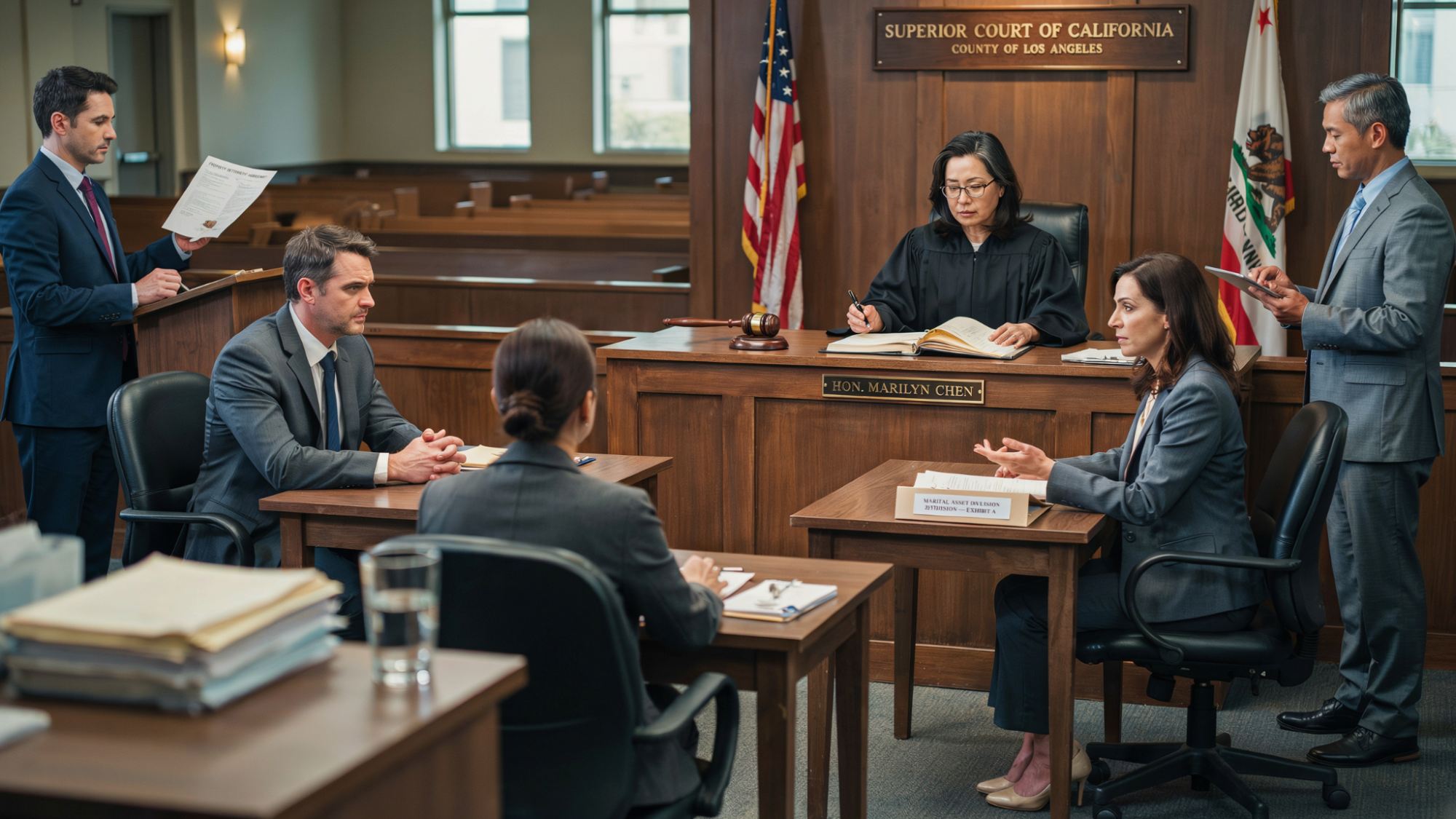 Judge overseeing equal division of marital assets between divorcing spouses.