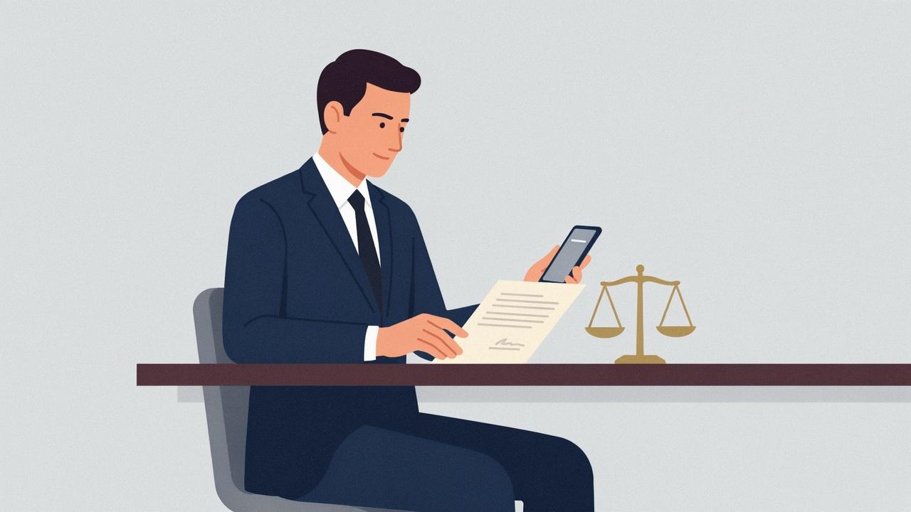 A person at a desk reviews a document beside a phone and a small scale icon.