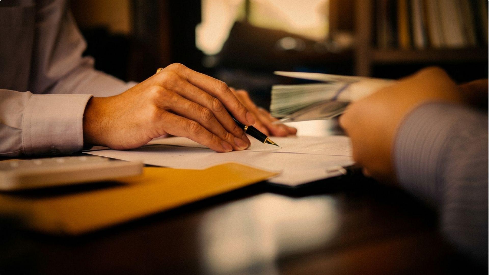 Close-up of person signing document with fountain pen, cash and calculator nearby.