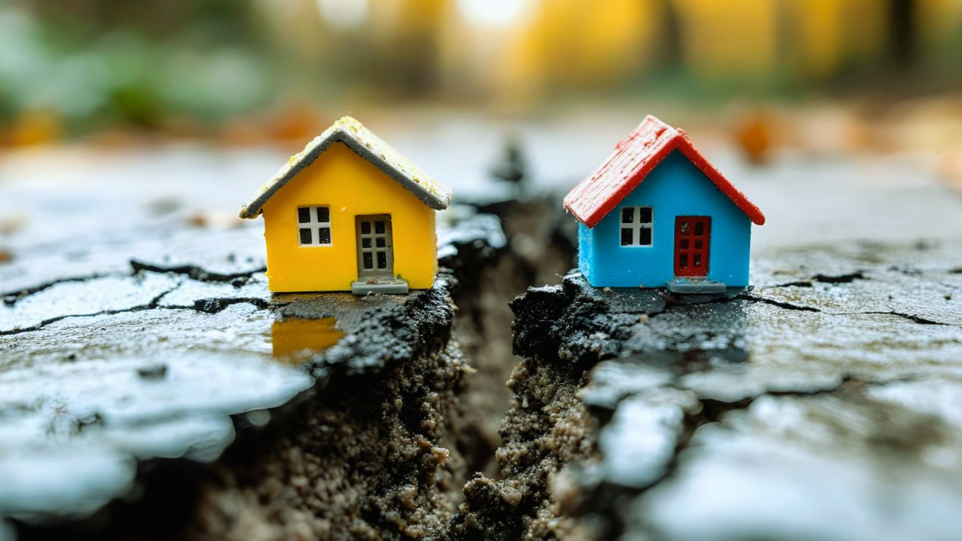 Property division concept with two toy houses separated by ground crack, real estate split