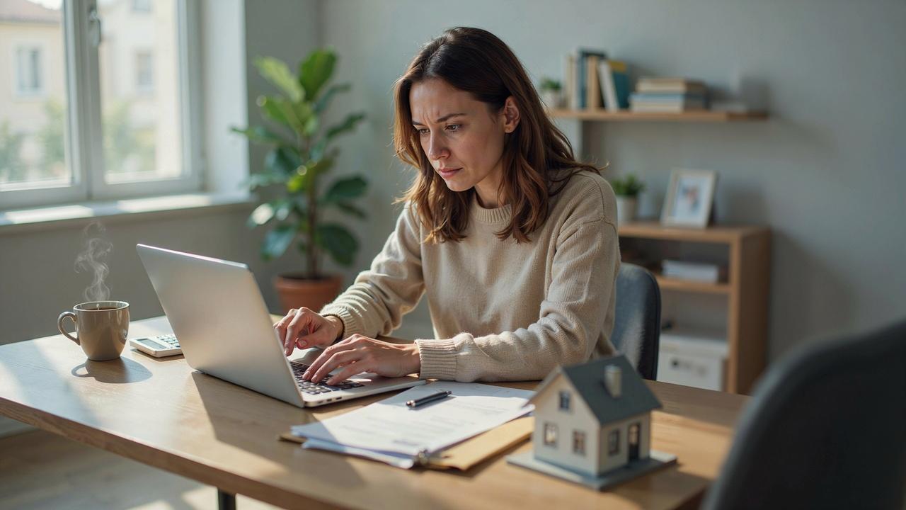 Homeowner reviewing finances, mortgage papers, and home value while determining whether bankruptcy will affect homeownership.