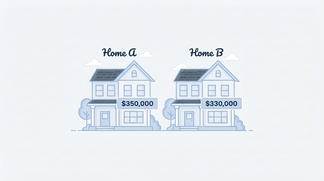 Two matching houses show different price tags with an arrow pointing to the lower one.