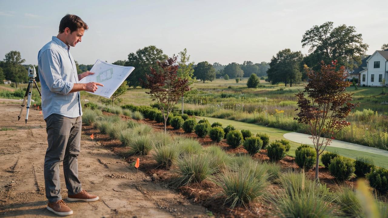 Homeowner reviewing property restrictions beside a landscaped buffer zone before building.