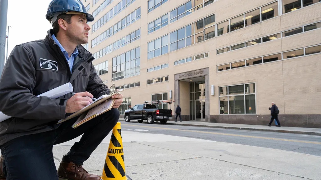 Inspector evaluating commercial property before purchase or lease agreement.