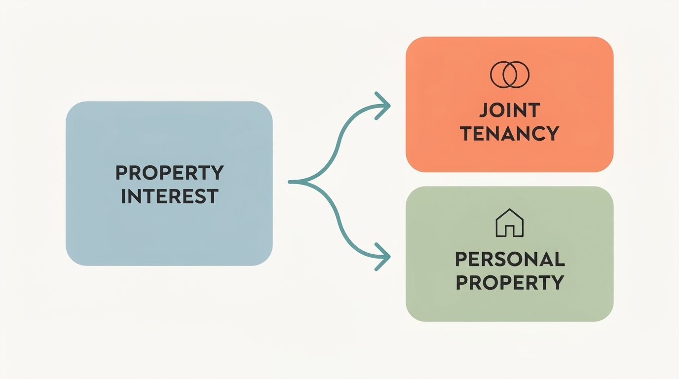 Simple diagram showing one property interest splitting into two separate parts, with labels for joint tenancy and personal property.