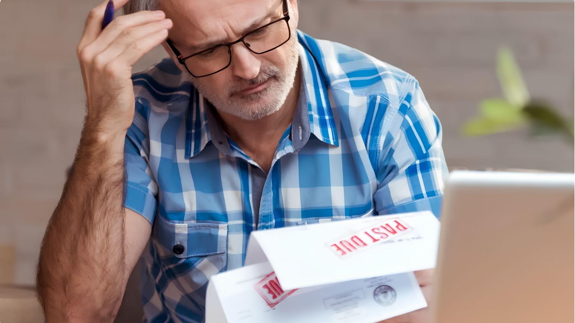 Worried man in glasses reviewing Past Due papers, financial stress concept.
