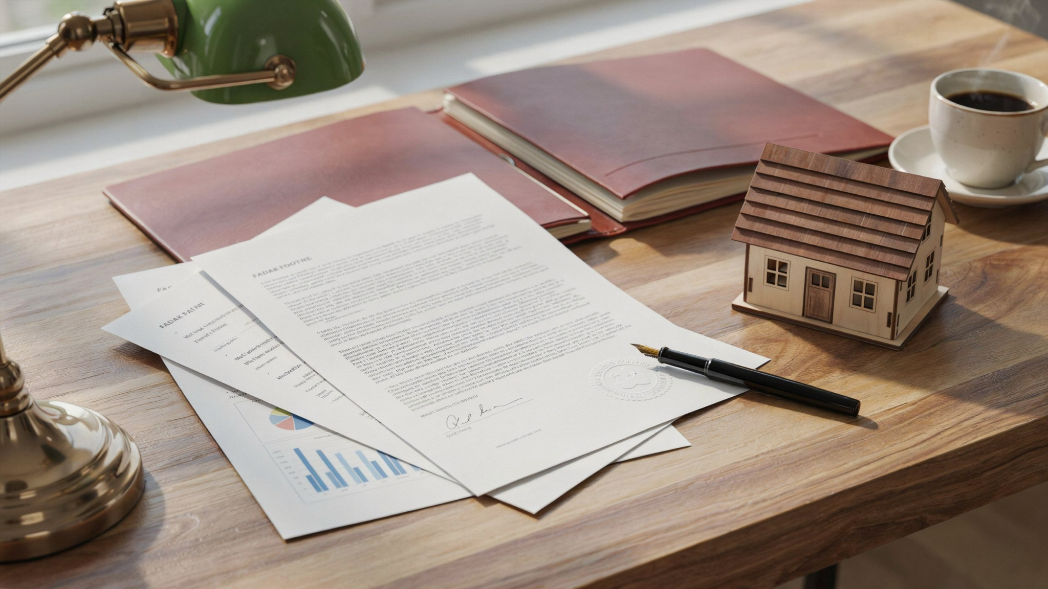 Estate planning documents showing a revocable living trust and last will beside a house model.