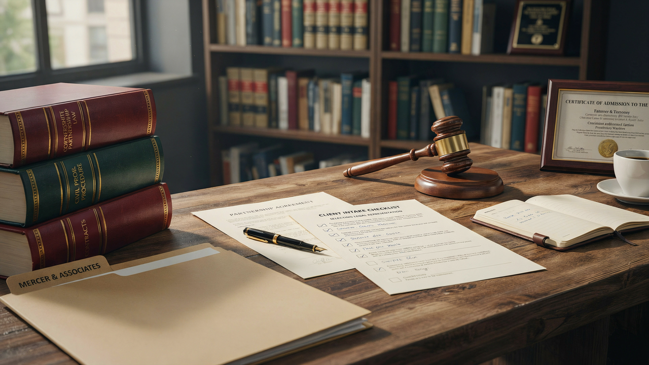 Law books, legal checklist, and partnership documents for choosing a qualified attorney.