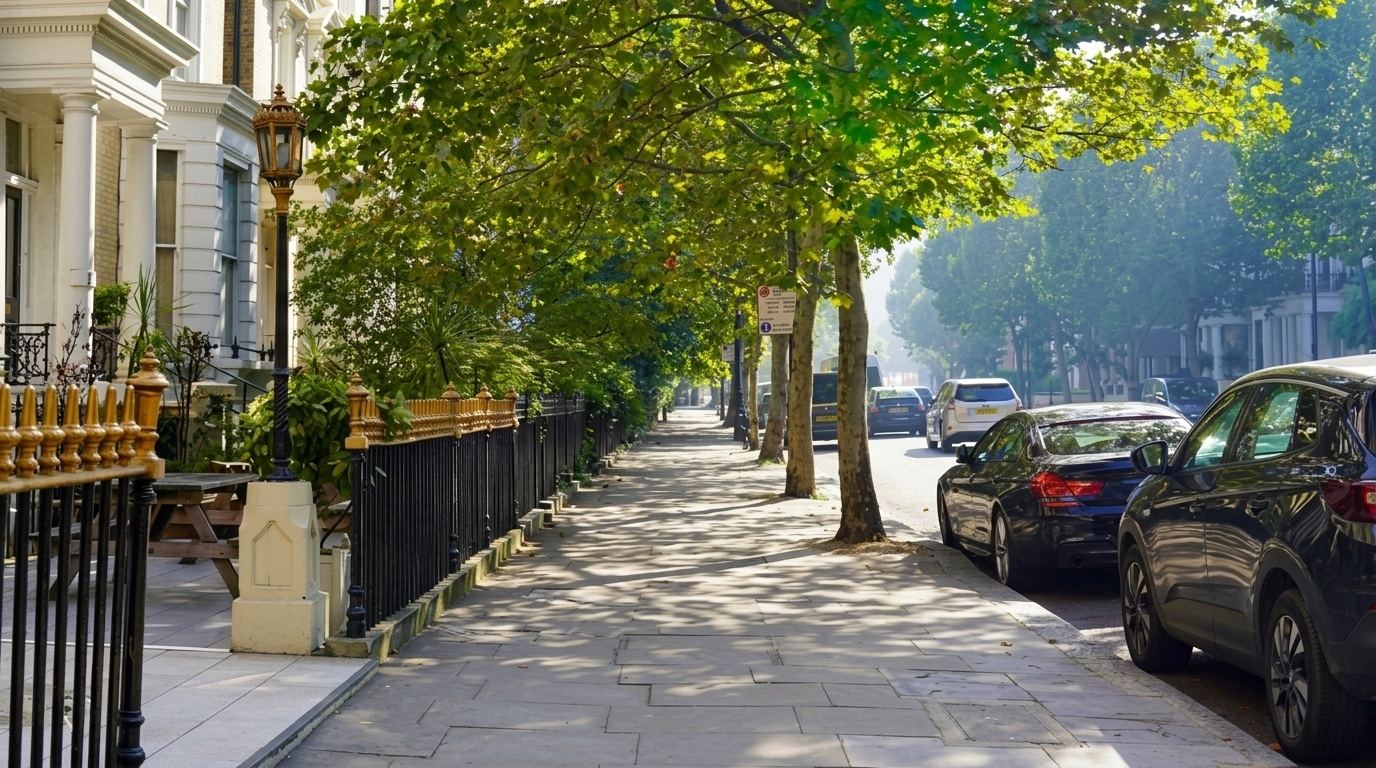 Green street trees line a sidewalk between parked cars and homes with black iron fences.