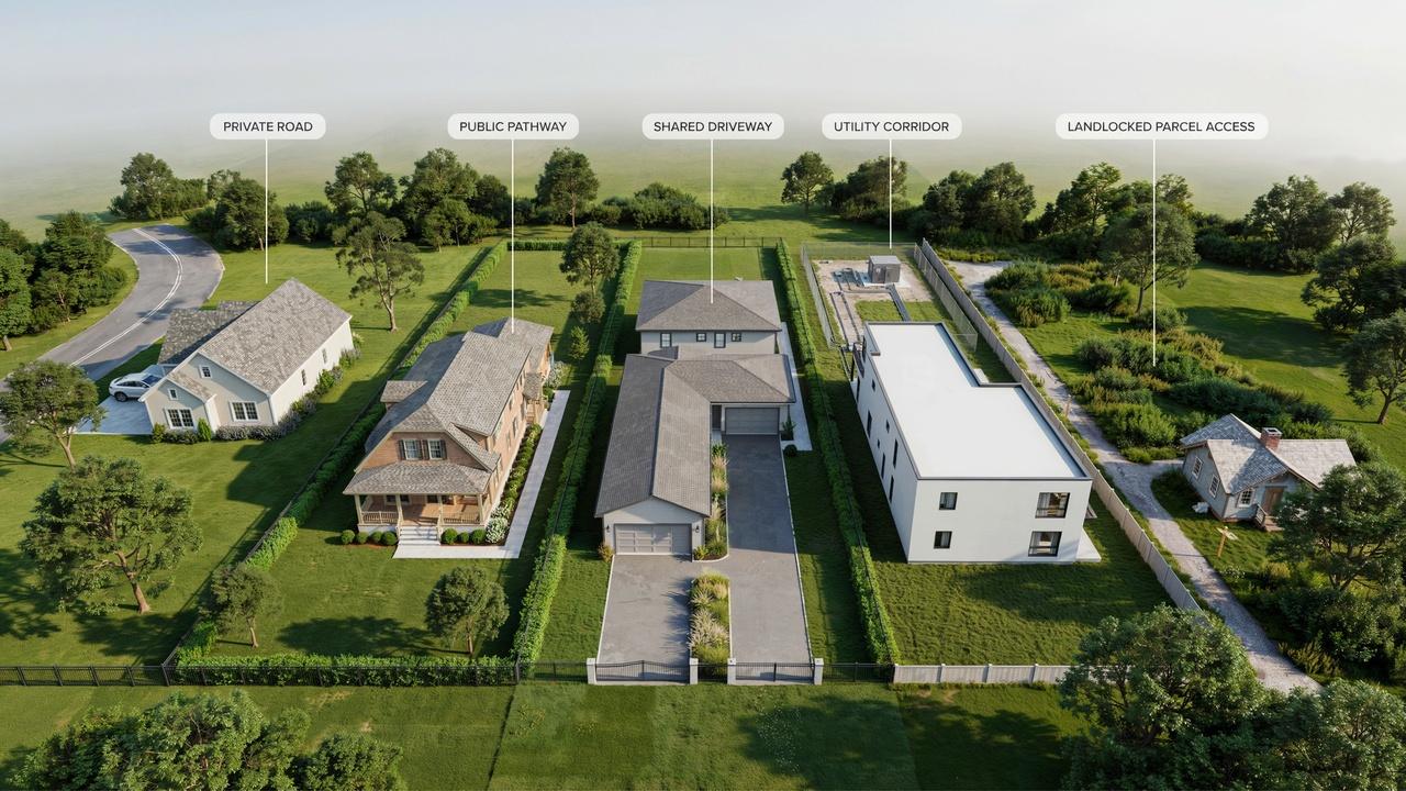 Multiple property layouts illustrating private, public, express, implied, and necessity easement access routes across land.