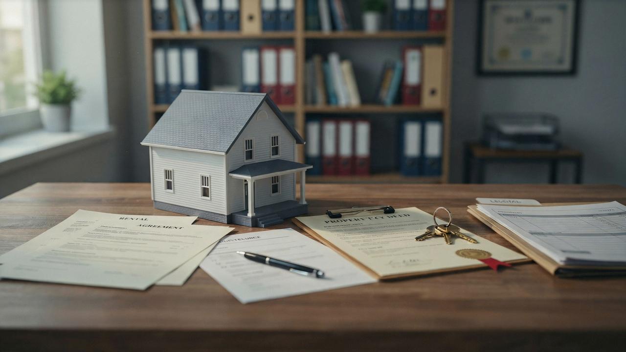 Trust property management documents with house, lease, maintenance records, and legal paperwork.