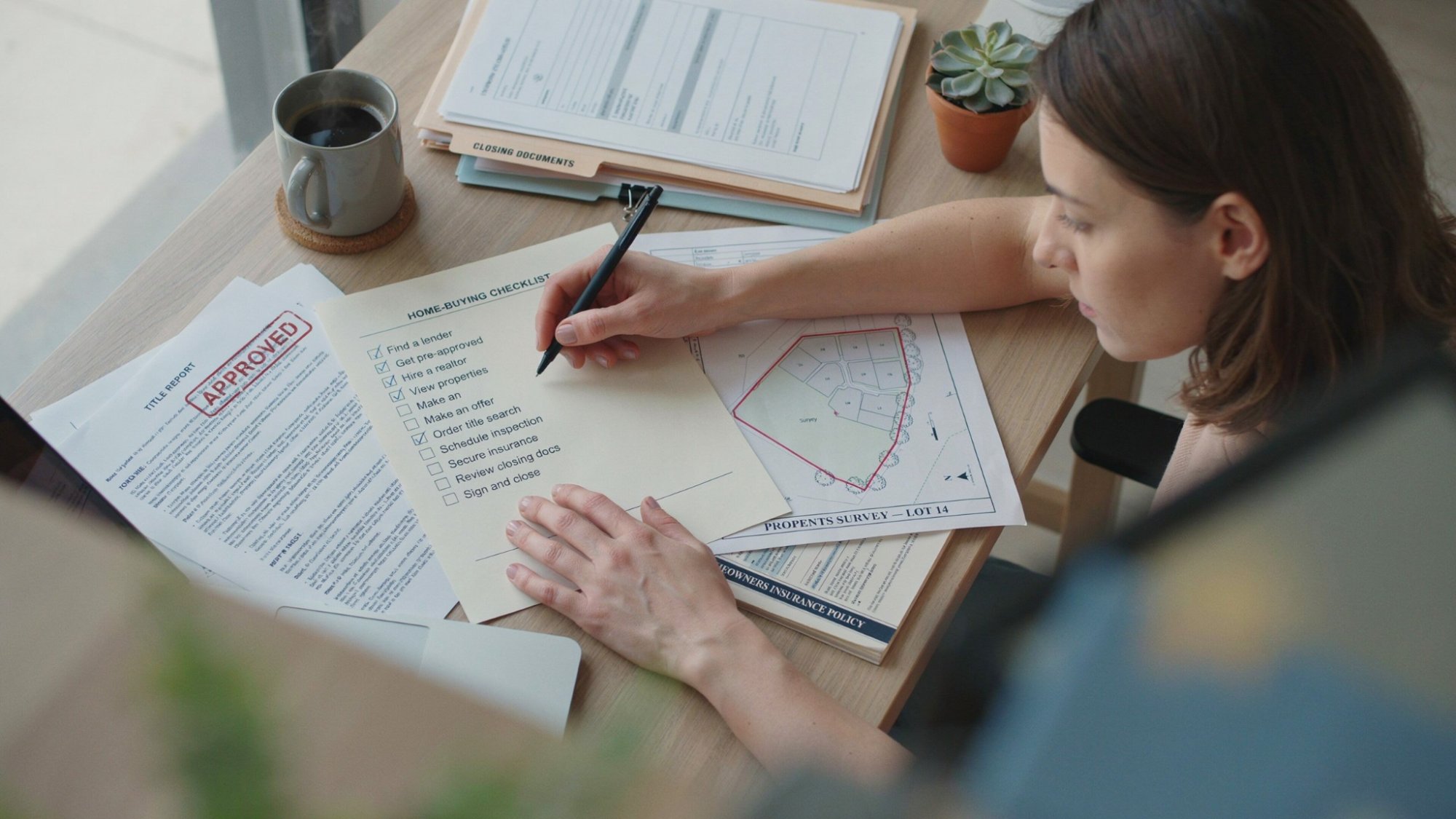 Homebuyer completing a pre-closing checklist with property documents.