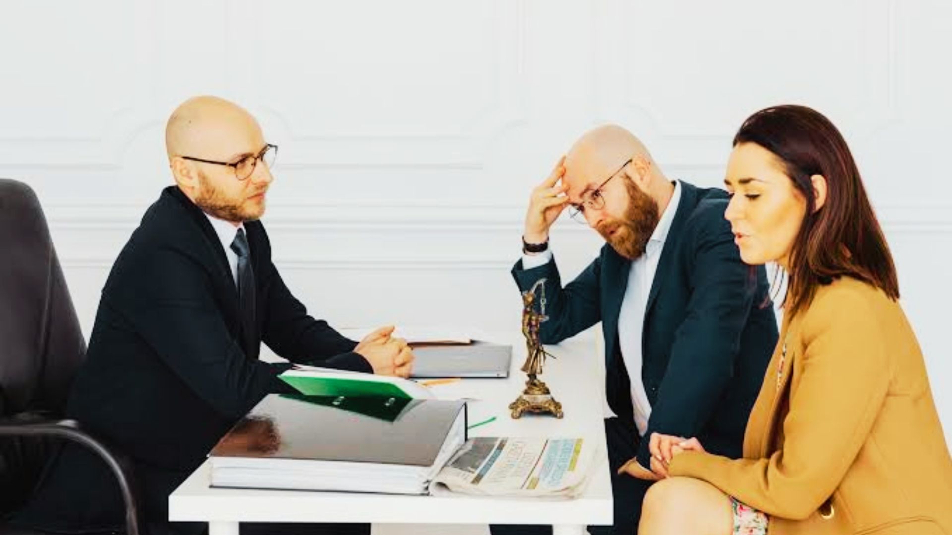 A man and woman in business suits discuss the implications of an irrevocable trust at a conference table.