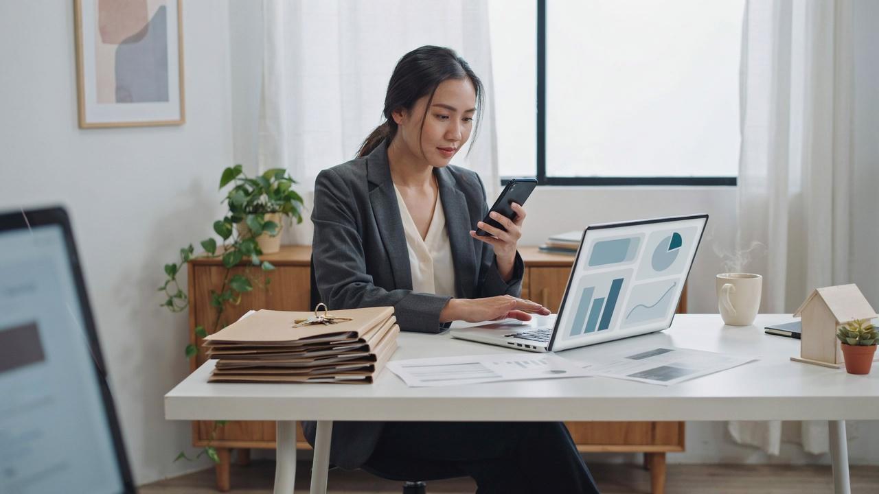 Property manager using lease management software to organize rental properties and tenant records.