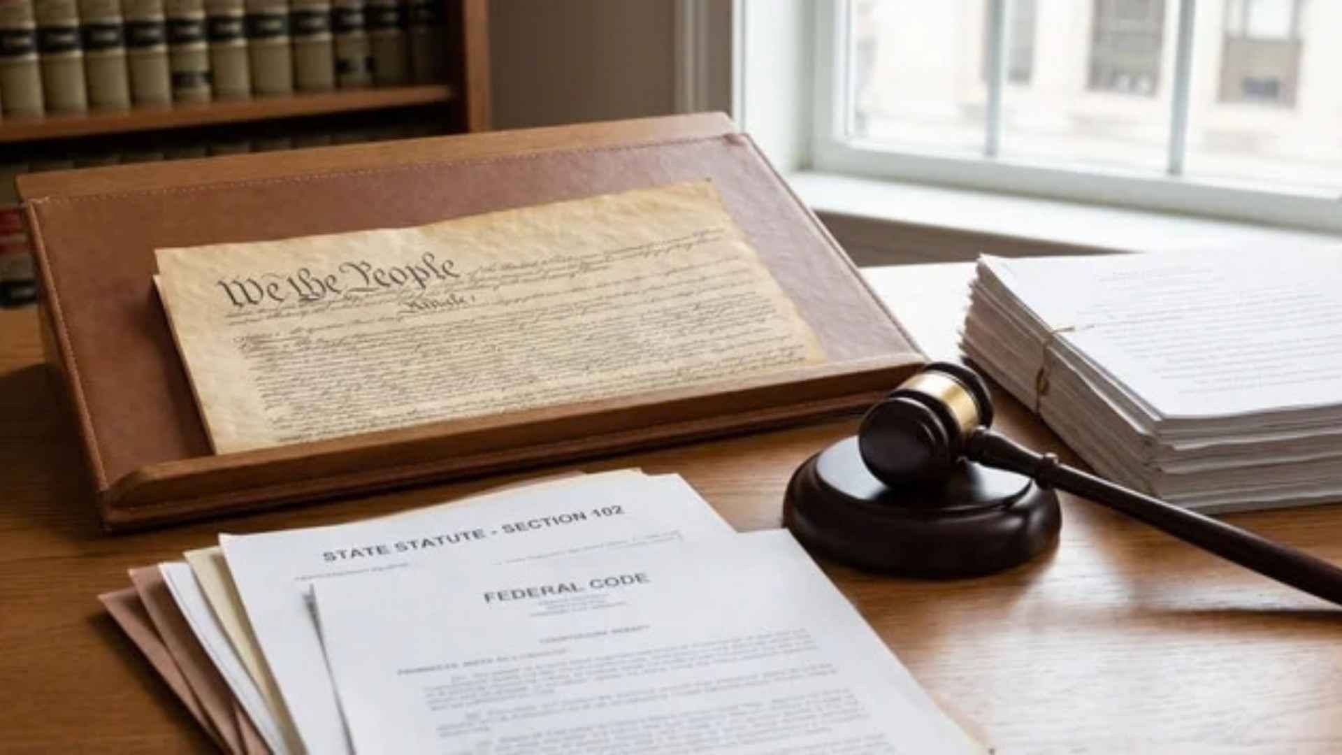 U.S. Constitution and court documents showing how judicial review resolves conflicts between laws.