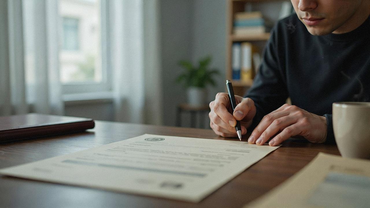 Person at a desk holding a pen, reviewing an official legal document beside a coffee mug.File name:property-deed-wording-closeup