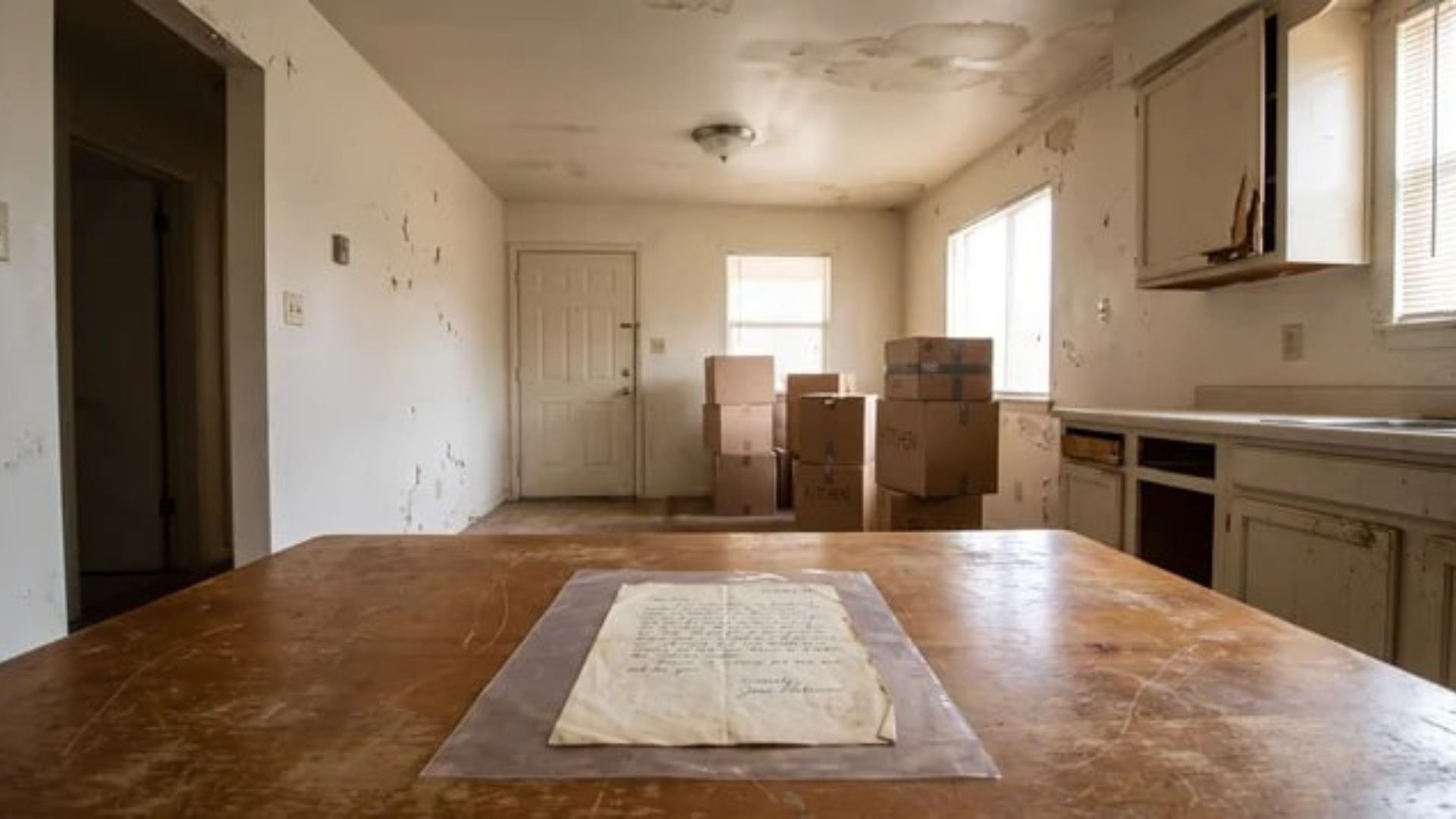 A man holds a small house model while a woman holds house keys at a desk with documents