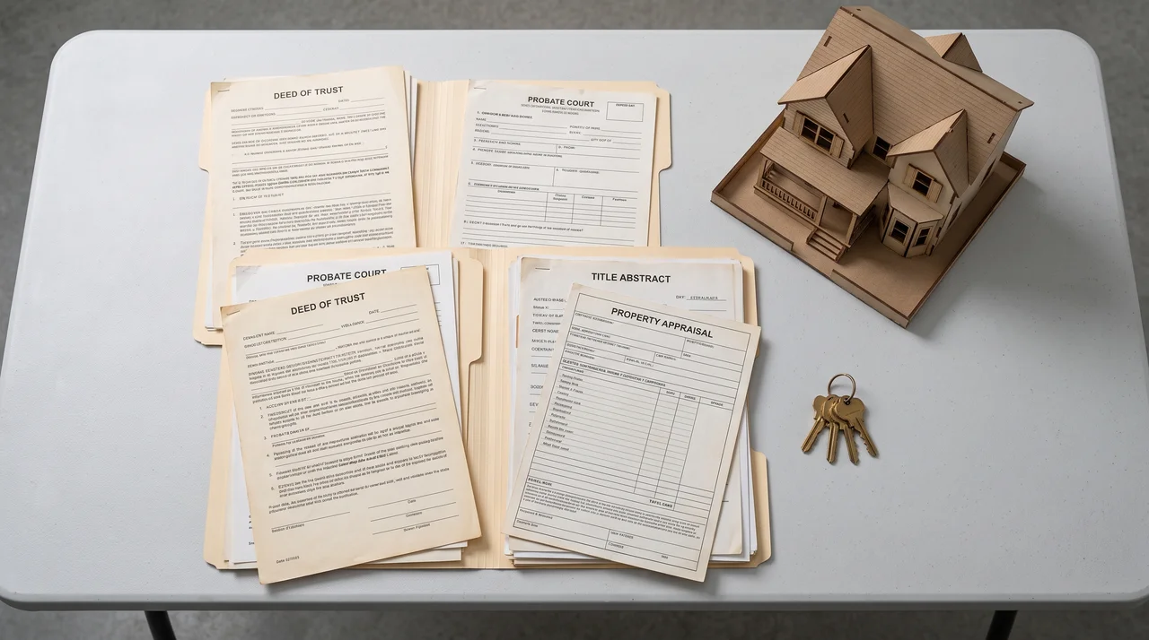 Property deed, probate documents, appraisal papers, and house keys beside a house modelFile name-inherited-property-legal-steps