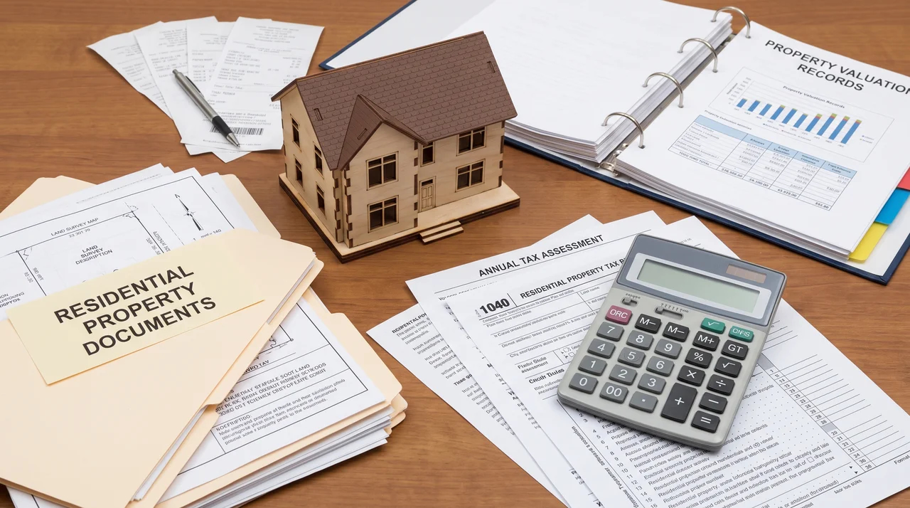 Tax papers and calculator beside a miniature residential house modelFile name-inherited-property-tax-factors
