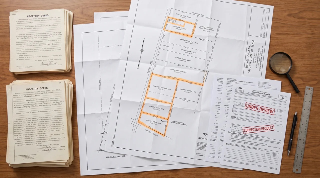 Survey records and property documents showing boundary description errors.