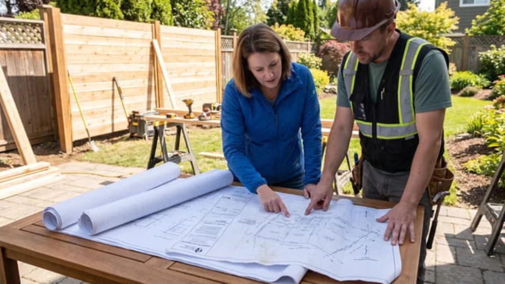 Homeowner and contractor checking blueprints against the property boundary before building near a drainage easement.