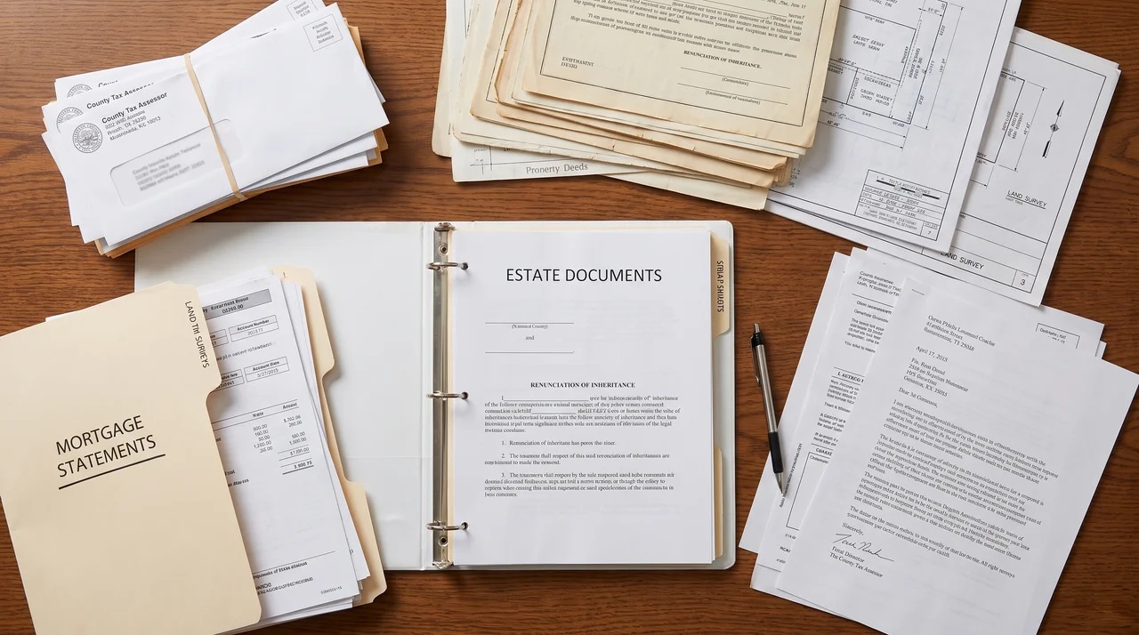 Property records, tax notices, and mortgage documents from an estate.