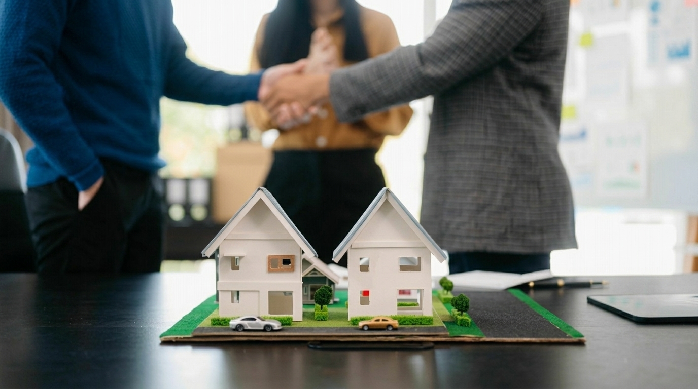 Two model houses on a table as people shake hands behind, closing a real estate property deal.File name: intestate-succession-property-diagram