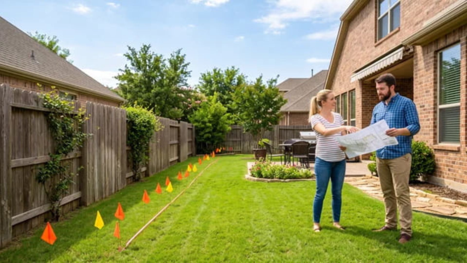 Backyard strip of grass over a drainage easement with a survey marker near the property boundary line.