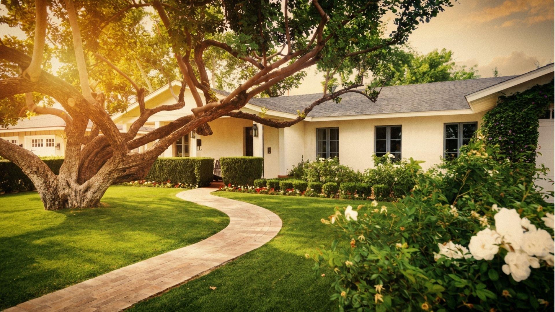 Charming single-story home with landscaped garden, winding path, and large shade